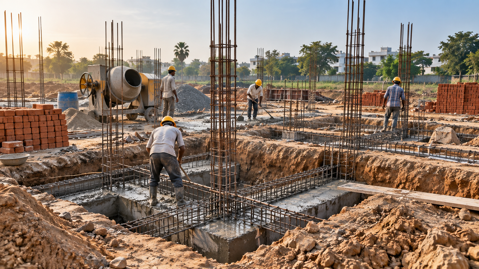 Early foundation and structural work on a construction site